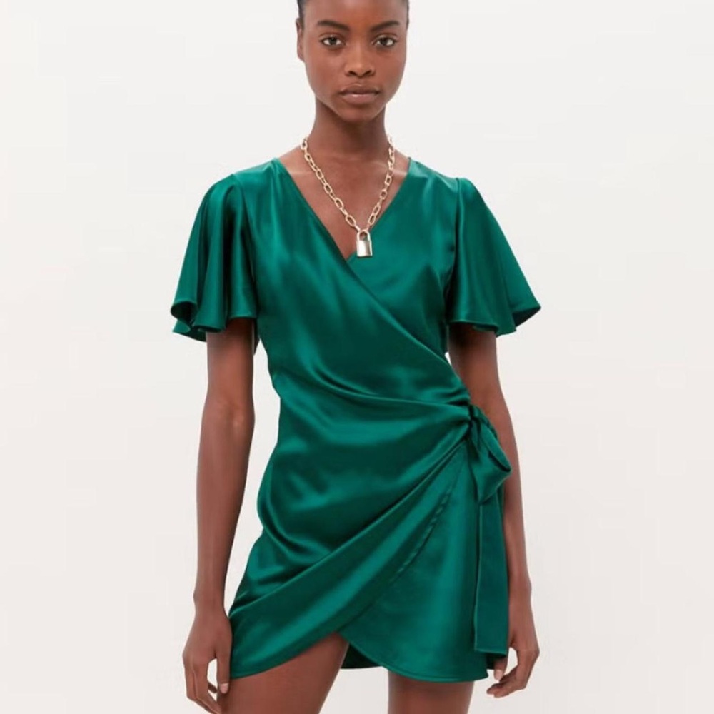 Dress Forum Emerald Green Satin Wrap Dress - Size Small